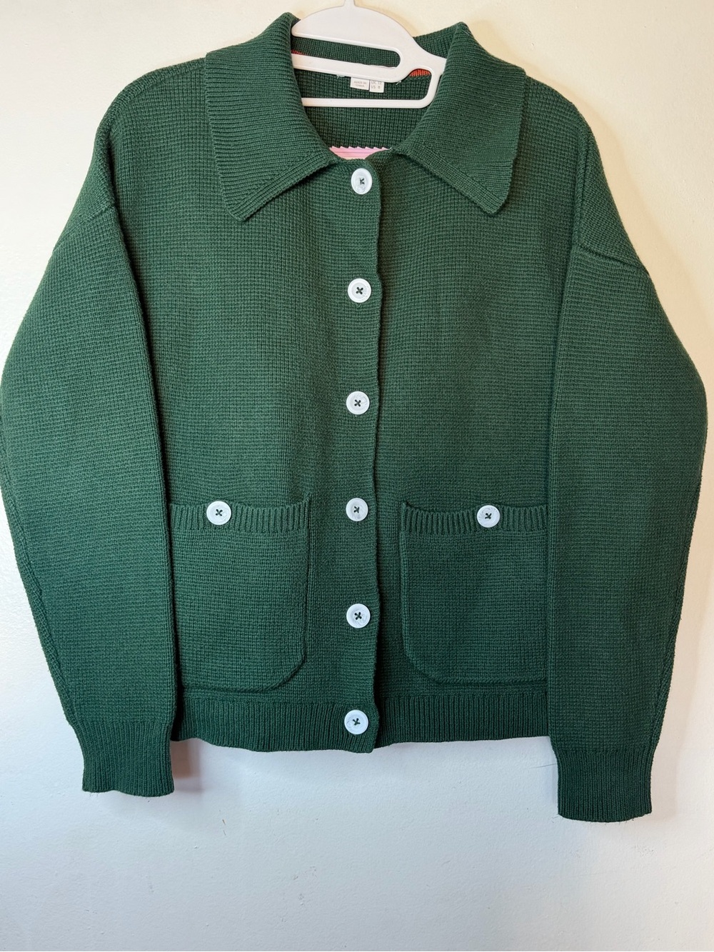 Boden Green Collared Knit Cardigan Sweater Jacket Wool Blend Pockets US 8